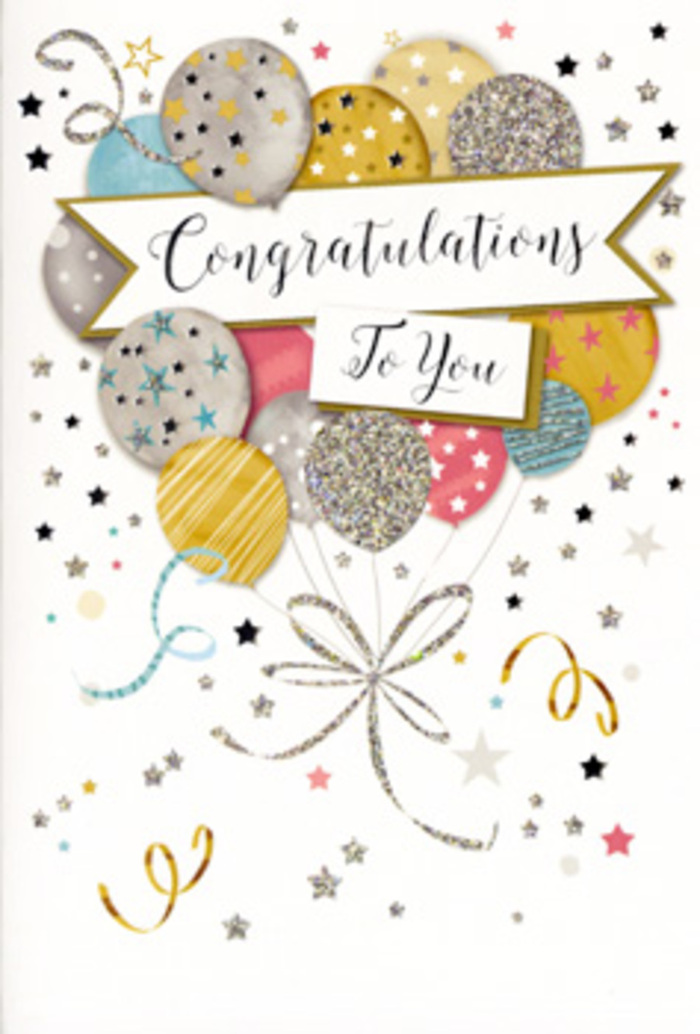 This congratulations card design looks like a quiet burst of happiness, the sort of finishing touch a South Croydon florist might slip beside a vase of fresh lilies or roses. In the centre of the card, a playful bouquet of illustrated balloons rises upward, overlapping in a soft cloud of metallic tones-muted gold, brushed silver, pale champagne, light sky blue, rosy pink, and a hint of dove grey. Each balloon carries its own decoration: twinkling star clusters, fine glitter-like sprinkles, or tidy stripes that catch the light as though reflecting early evening sunshine over Croham Hurst. Their strings are drawn as elegant, curling lines of gold and silver, looping and crossing one another like the relaxed rhythm of ribbons tied around a hand-tied bouquet. Surrounding this floating cluster, tiny stars, confetti dots, and swirling streamers drift across a softly tinted background, echoing the carefree feeling of a surprise celebration in a South Croydon garden near Park Hill. A classic banner cuts gracefully through the centre of the balloons, gently arched and edged with subtle shading to suggest a folded ribbon. On it, the words Congratulations To You are written in stylish, slightly flourished script, clear yet refined, giving the card an air of sincerity and polished charm. The printing seems to mix satin-smooth areas with subtly raised metallic accents, so that holding it would offer both visual sparkle and tactile interest. Altogether, the card conveys pride, joy, and admiration in a beautifully understated way, ideal for sharing in those unforgettable milestones-graduations, promotions, or new ventures-celebrated across South Croydon and the surrounding neighbourhoods.