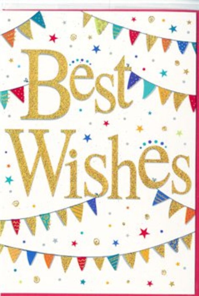 This congratulations card is designed like a pocket-sized celebration, with an uplifting atmosphere that would sit beautifully alongside a fresh arrangement from Flower Delivery South Croydon. The central focus is the message Best Wishes, written in generous golden script that curls and loops across the middle of the card. The gold has a glittered, foil-like finish that catches imaginary light, suggesting a soft shimmer similar to sunlight glancing off glass shopfronts on South End. The lettering appears slightly embossed, so you can imagine feeling its contours, giving the card a tangible sense of importance and ceremony. The background is a pure, bright white, smooth and matte, chosen to allow the colours and the message to stand out without distraction. Surrounding this central phrase, sweeping lines of colourful bunting curve across the top and bottom, like festive garlands hung along a garden fence in nearby Lloyd Park. Each small pennant is a different hue-ruby red, aqua, lime, sky blue, sunshine yellow, and soft coral-some filled with narrow stripes, others with pinpoint dots or subtle geometric motifs. They hang in gentle arcs that frame the wording, softening the design and adding a feeling of cheerful movement, as though a breeze is just beginning to lift the flags. Scattered between and around these bunting strands are petite stars and dots, in matching jewel tones, arranged so they look lightly tossed rather than rigidly placed. They create the sensation of confetti mid-air, frozen at the height of the celebration. The overall tone is joyful but tasteful, perfect for congratulating someone on a promotion, exam success, or a new chapter, and ideal to slip into a bouquet delivered anywhere across South Croydon's homes, schools, and offices.