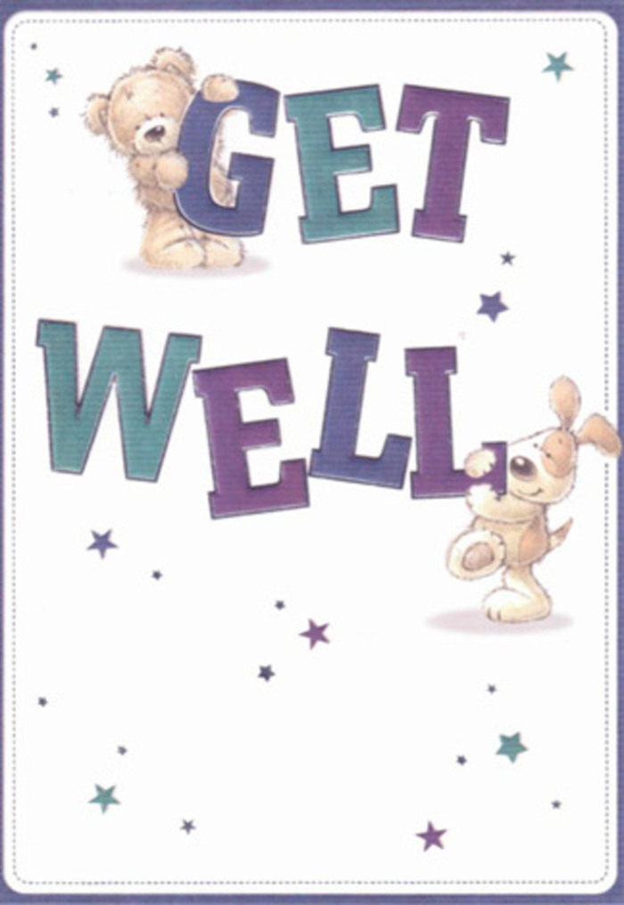 Evoking the heartfelt support of a close-knit community like South Croydon, this vibrant get well card is a whimsical illustration of kindness and resilience. Playful stars in aquamarine and lavender flutter through the air, echoing the hopeful wishes shared between two lovable companions: a fluffy bear and an eager puppy. The bear, draped over the bold 'GET,' beams comfort and good cheer, while the pup, tail wagging and eyes bright, cuddles up to the word 'WELL.' Their rounded, plush forms pop against a luminous white background, lending an air of gentle reassurance, similar to a freshly arranged bouquet delivered from one of the area's independent florists near Croham Hurst Woods. The typography, oversized and confident, is hand-shaded in hues of purple and teal, anchoring the design in a sense of friendly optimism. Subtle textures-wavy brush marks, the illusion of plush fur-invite a tactile connection, as if you could almost feel the embrace behind the image. Sending this card is like gifting a thoughtful floral arrangement: each element has been carefully placed to nurture, encourage, and bring light to someone's day. The overall composition glows with innocence and sincerity-perfect for lifting the spirits of anyone recovering in South Croydon, where every gesture of care resonates deeply.