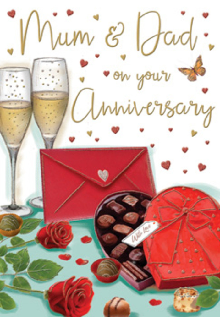 Elegantly illustrated anniversary card portraying a luxurious yet homely celebration, as if set on a dining table in a South Croydon semi on a special evening. Two tall champagne flutes dominate the upper part of the scene, drawn with crystal-clear transparency, each glass filled with a golden effervescence that shimmers under gentle light. The bubbles are captured mid-rise, suggesting the moment just before a heartfelt clink between partners who have shared many years together. In front of the glasses, an open heart-shaped box of chocolates becomes the focal point, its interior lined and neatly arranged with assorted truffles, pralines, and caramels, each piece rendered with tempting highlights and shadows. A broad, flowing red ribbon wraps the box, tied into an elegant bow whose loops curl gracefully across the table surface. To one side, two deep crimson roses rest on a bed of rich greenery, their velvety petals layered and slightly unfurled, just as a professional florist from the local South Croydon high street might select for an anniversary bouquet. A few chocolates are scattered loosely nearby, creating a sense of relaxed indulgence rather than rigid formality. Delicate gold speckles and tiny red hearts drift through the background like confetti, surrounding a warm, hand-lettered message to Mum & Dad, which anchors the card firmly in the realm of family love and gratitude. A vivid red envelope sits in the foreground, sealed and ready to be opened, hinting at thoughtful words and perhaps memories of years spent around nearby streets and parks. The soft, glowing light and harmonious colours evoke warmth, stability, and the quiet joy of marking another year together.