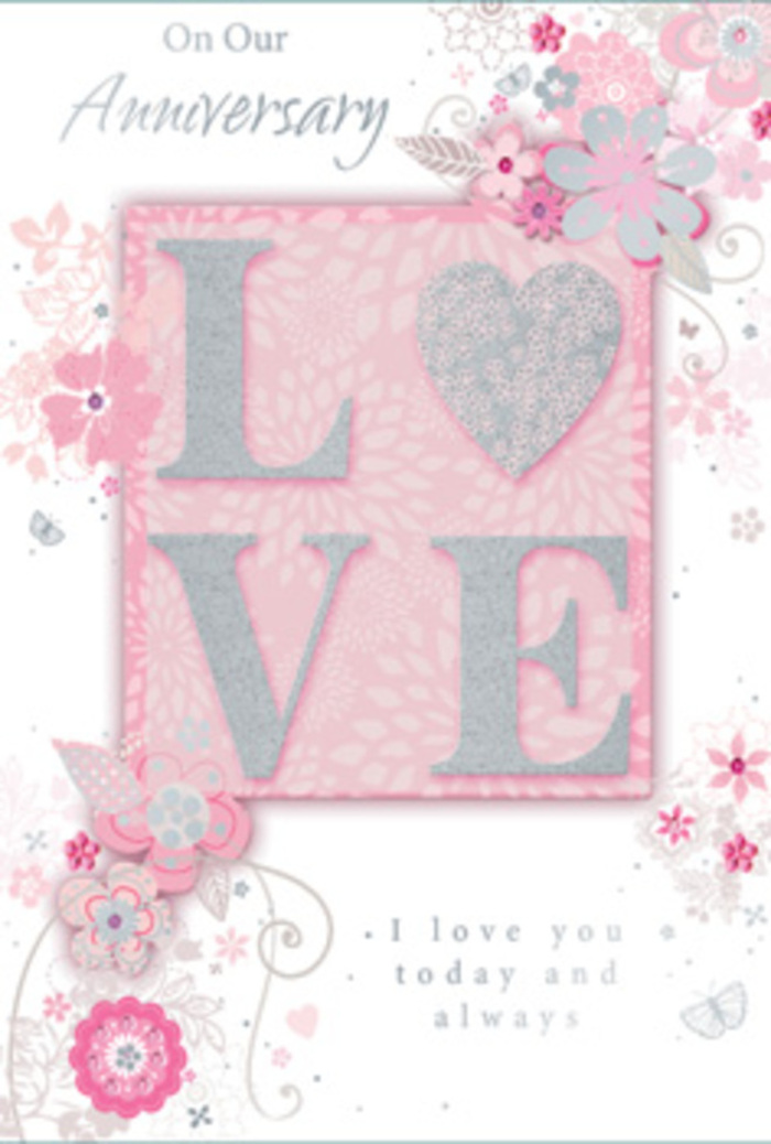 The image shows an open anniversary card that gives the impression of stepping into a calm, sunlit room where love is celebrated in gentle, everyday ways, much like a peaceful morning in a South Croydon home. The front of the card is dominated by the word LOVE, its letters embossed and coated with a fine, frosted glitter that catches the light with a playful yet refined sparkle. Running along the borders and drifting toward the centre are wispy, hand-drawn blooms and airy sprays of foliage, their soft shades of pink, lilac, and ivory blending as harmoniously as mixed pastels in a florist's hand-tied bouquet. Fine filigree lines, dainty leaves, and almost-hidden butterflies weave through the design, suggesting the delicate flutter of hearts on an anniversary morning. The background holds a muted blush tone, warm and even, making the raised, textured elements feel almost touchable, inviting fingertips to trace each contour. Inside, a simple yet profound message reads, I love you today and always, rendered in a graceful, understated typeface that feels personal and sincere rather than overly formal. The overall composition recalls the artistry of a local South Croydon florist layering petals and greenery into a bespoke anniversary arrangement-nothing hurried, nothing excessive, just quietly confident design. As you look at the card, it conjures the sensation of fresh blossoms and soft light filtering through a window, like a carefully delivered bouquet resting on a dining table. It is more than stationery; it feels like a paper bouquet of affection, gratitude, and ongoing promise.