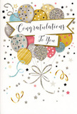 In this image, a beautifully designed congratulations card radiates the feeling of a light-hearted celebration, the sort of card you might choose from Flower Delivery South Croydon to pair with a lush bouquet headed to a home off Brighton Road. The card's main feature is a cheerful gathering of balloons drifting upward across the front, illustrated in harmonious metallic shades of warm gold, soft silver, champagne, baby blue, blush pink, and cool grey. Each balloon displays its own personality through delicate patterns-tiny stars, sparkling dots, or gently curving stripes-so the cluster feels like a collection of special moments floating together. Their trailing ribbons, drawn in shimmery gold and silver, curl and loop gracefully, as if caught in a faint breeze drifting over nearby Lloyd Park. Around them, small stars and confetti-like shapes scatter across a pale, almost creamy background, suggesting the joyful blur of a party just getting started. Across the centre glides a classic ribbon-style banner, subtly shaded to appear folded and three-dimensional, carrying the message Congratulations To You in elegant, flowing calligraphy that suggests warmth, respect, and real pride in the recipient's achievement. The use of metallic inks and glitter accents implies a tactile surface, with certain details likely raised and slightly rough to the touch, like the textured wrap around a premium bouquet. The effect is one of gentle glamour rather than loud celebration, making this card ideal for recognitions big and small-from exam success and new jobs to personal milestones quietly marked in homes and offices throughout South Croydon.