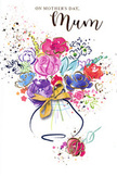 Expressive Mother's Day card illustration featuring a vibrant watercolour bouquet that appears to dance on the page, much like a freshly hand-tied arrangement ready to leave a South Croydon flower shop. The main blooms are painted in rich purples, lively magentas, and romantic pinks, their petals defined with fluid lines of deep indigo that lend structure while keeping the artwork soft and dreamy. Interwoven among these warm shades are cooler notes of azure and periwinkle, along with a few softer red and berry-like accents, creating the impression of a mixed seasonal bouquet gathered from local parks and back gardens. Subtle touches of metallic gold trace along selected petals and leaf edges, giving the flowers a gentle shimmer, similar to how dawn light glints on dewy petals after a night's rain. All of the colour rises from a rounded vase at the base of the image, its smooth body adorned with an elegant gold bow that suggests thoughtful preparation and the pleasure of presenting something special to Mum on her day. Around the arrangement, scattered flecks, splashes of paint, and faint heart motifs break up the clean white background, like petals tossed in joyful celebration along a South Croydon high street doorstep. The overall feeling is airy, heartfelt, and full of gratitude: a bouquet captured in motion, preserving the emotion of saying thank you for everything in a way that endures long after real flowers would fade.