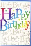 This birthday card design looks like a bright burst of happiness, the kind of greeting you might spot propped beside a fresh bouquet ready for delivery across South Croydon. Dominating the front is the phrase Happy Birthday, written in big, joyful letters that move across the card with the confidence of a banner at a neighbourhood celebration near Lloyd Park. Each letter is individually coloured, with rich gradients running from deep cherry red to orange, golden yellow, verdant green, sky blue, and velvety purple, creating a lively rainbow effect that suggests balloons, streamers, and slices of birthday cake shared around the table. The ink finish appears smooth and slightly lustrous, giving the colours a polished yet friendly feel. The font itself is bold and curved, with no harsh edges, adding to the sense of approachability and fun. Behind this colourful headline, the entire background is filled with curling lines of golden script, repeatedly spelling out Happy Birthday to you in slender, looping handwriting. The gold ink has a subtle metallic sheen, catching the light like glints on wrapping paper or the flicker of candles just before a wish is made. Rather than competing with the main text, this repeated script softly frames and supports it, building depth and texture, much like layers of foliage supporting the star blooms in a well-crafted arrangement. The overall composition feels balanced and celebratory-vivid without being overwhelming, elegant without feeling stiff-ideal for sending alongside a bright mix of flowers to mark a special day in South Croydon with warmth, colour, and genuine affection.
