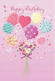This birthday-themed artwork shows a dreamy arrangement where floating balloons and a fresh bouquet come together in a single, joyous design, like a party scene lifted from a home in South Croydon and suspended in the air. At the top, a small cluster of balloons in pastel shades-soft pinks, minty sea greens, and sunshine yellows-seems to drift upwards, their strings gently converging at the flowers below. Each balloon has a distinct personality: one wears looping ribbon stripes that curl around its round form, another is sprinkled with light-hearted polka dots that give the impression of playful movement. Their softly gleaming surfaces evoke the smooth feel of inflated latex or foil, catching highlights that suggest a warm, indoor light. Anchoring the scene is a compact bouquet of birthday flowers that appears rich, fresh, and thoughtfully arranged. The blossoms are layered in comforting, sweet-toned colours that echo the balloons: pale blush, creamy ivory, and soft mauve, their petals overlapping like delicate fabric. At the base, a vivid purple bow wraps tightly around the gathered stems, the ribbon sparkling as though dusted with the faintest shimmer, adding a celebratory flourish. The entire composition rests against a gentle backdrop, allowing the balloons and flowers to stand out as the heart of the image, much like a surprise bouquet delivered to a South Croydon doorstep on a special morning. The mood is light, hopeful, and utterly festive, reflecting the joy of gifting something beautiful and imaginative for a birthday that deserves to feel truly special.