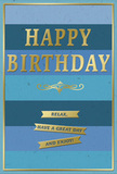 In this image, a sophisticated birthday card stands upright, its design a quiet celebration in blue and gold that would look perfectly at home on a mantelpiece in South Croydon. The card's background is divided into wide horizontal stripes, each in a different shade of blue, blending from deep navy at the top through rich mid-blue and tranquil teal to a pale, airy sky blue at the bottom. These bands create a calm, layered effect, reminiscent of the soft gradients of evening light over Park Hill. Centred on these blues, the greeting HAPPY BIRTHDAY is stamped in tall, capital letters of metallic gold, slightly raised so that light glides over each letter. The gold is bright yet refined, adding a sense of occasion without overwhelming the restful palette. Directly below, a delicate golden flourish curls across the card, like elegant filigree, providing a gentle transition to the message beneath. Three slim gold banners line up neatly along the lower third, each ribbon carrying a segment of the warm birthday wish: Relax, have a great day and enjoy! The wording is simple and sincere, matching the card's composed appearance. A fine gold border runs around the card's edge, framing the entire scene and giving it a polished, finished look. The surface appears smooth and matte, contrasting with the glossy, embossed gold that invites touch. The overall impression is one of calm, thoughtful festivity - the kind of birthday card that would be carefully chosen to accompany a fresh bouquet delivered to a friend's doorstep in South Croydon, offering not just congratulations but a gentle reminder to pause and savour their special day.